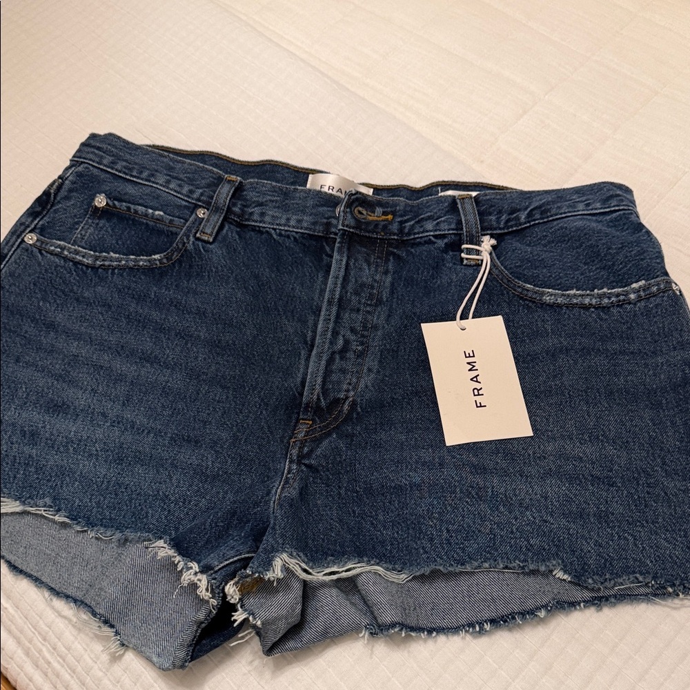 Frame Denim Dark Blue Raw Hem Jean Shorts